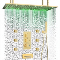 Système de douche cascade LED Homedec 3 poignées 16x32 pouces avec 6 jets corporels et douchette 2-en-1, finition or brossé en laiton et acier inoxydable