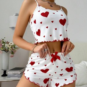 Venta caliente de las señoras Homewear Heart Printing Suspender Shorts Casual Sunken Stripe Prendas de abrigo Pijamas de mujer - Product Image 1