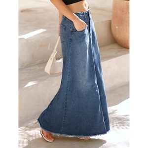 Jupe longue en jean vintage personnalisée pour femme, taille haute, coupe trapèze, ourlet effiloché, avec poches - Product Image 3