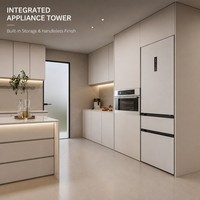 Meubles de cuisine modulaires sur mesure en bois massif pour toute la maison, îlot en U, plan de travail en pierre frittée, crédence écologique sans poignées