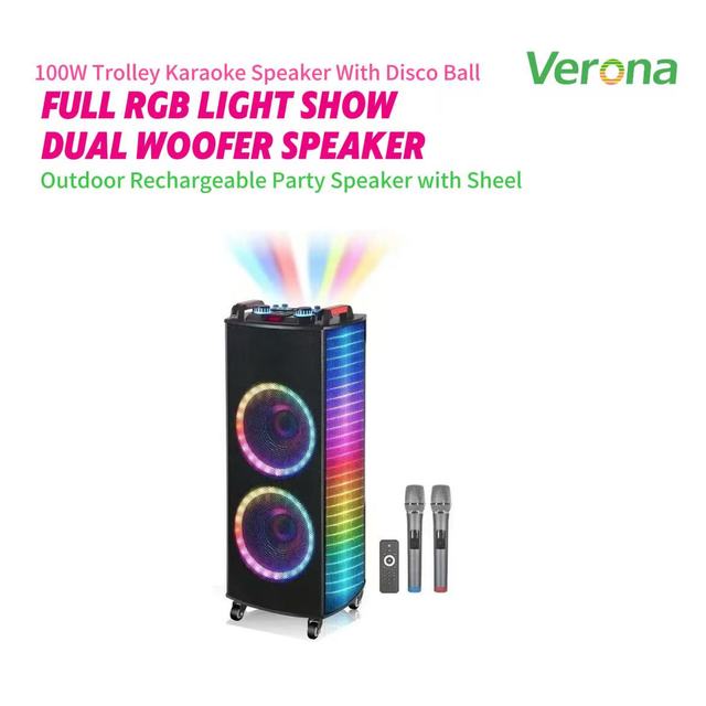 100W Portable Trolley Karaoke Speaker Dual 8-inch Woofers RGB Built-in Mic Remote Control 2 Wireless Microphones Party&Home KTV