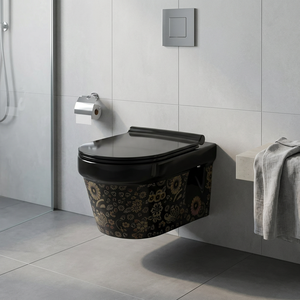WC mural intelligent en céramique sans rebord, imprimé style rétro moderne, taille standard, gris, sanitaires EWC - Product Image 4