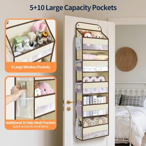 Over The Door Organizer Storage 5 Tier With 10 <b>Mesh</b> Pockets Beige Hanging Closet Organizer For Bathroom Toy Storage - Product Image 2