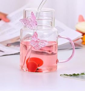 Hot Sale Glas Wasser flasche Glas becher Schmetterling Design mit Strohhalm - Product Image 2