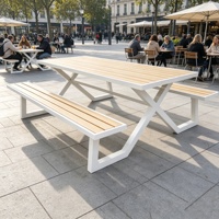 Table de pique-nique WPC pour camping en plein air avec bancs intégrés, cadre en acier blanc en forme de X, résistante aux intempéries, ensemble de table combiné pour jardin et parc
