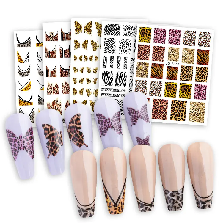 Adesivi per unghie leopardati 3d all'ingrosso cursori adesivi avvolge la decalcomania del chiodo della farfalla del leopardo del modello animale