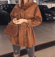 Frauen Braun Weiches Leder Jacke Kleid Mittellang Schlank Kunstleder Mäntel Elegante Krawatte Gürtel Taille Taschen Outfits