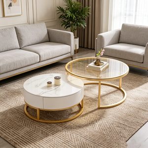 Tavolino da Caffè con Piano in Marmo Bianco e Cassetto Portaoggetti, Tavolino Laterale di Lusso con Base Dorata, Arredamento per la Casa - Product Image 2
