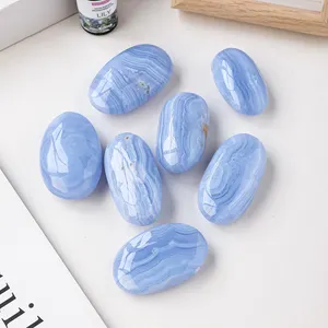 Wholesale Natural Healing Crystal Blue Lace Agate Palm Stone Hot Compress Stone Carved Blue Pattern Agate Massage Stone