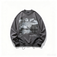 Sudadera de cuello redondo de tejido grueso con lavado vintage, estampado de mapa con efecto desgastado, estilo streetwear funcional, top oversize