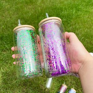 Nouveaux gobelets en verre à double paroi transparents de 12 oz, vierges pour sublimation, verres à bière effet boule à neige pour cadeaux personnalisés avec couvercles - Product Image 2