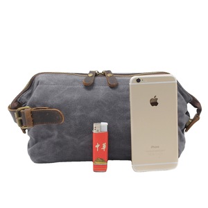 Simple Durable Retangular Zippered Waxed Canvas Cotton Toiletry <b>Bag</b> Travel <b>Wash</b> Pouch Storage Makeup with Handle for Men - Product Image 4
