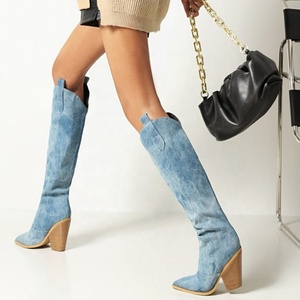 Bottines courtes en denim bleu de grande qualité, talon haut, bout pointu, sexy, pour femmes, automne-hiver, taille 43 - Product Image 3