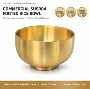 Tazón para Arroz con Base de Acero Inoxidable SUS304 de Grado Alimenticio, Color Dorado Mate, Apto para Lavavajillas Comercial, Tazón Coreano Elevado para Sopa - Product Image 1