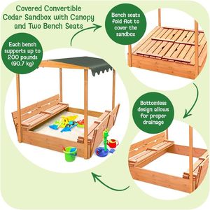 Bac à sable pour enfants en cèdre Badger Basket avec auvent, bancs, couvercle en bois convertible, protection UV, sièges intégrés, ensemble de jeu d'extérieur pour jardin - Product Image 2