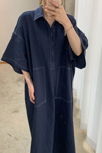 Wholesale 2022 Spring New Fashion Retro Classic Polo Collar Open <strong>Line</strong> <strong>Design</strong> Straight Loose Five-point Sleeve Denim Women Dress - Product Image 6