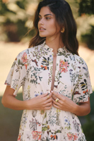 Robe mini d'été pour femme, personnalisée OEM, style boutique, col à volants, manches courtes, boutonnée, imprimé floral, volants superposés