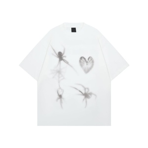 Camiseta de Manga Corta para Hombre, Primavera-Verano, 100% Algodón, Transpirable, Anti-Pilling, Estilo Urbano, Estampado de Corazón de Araña Oscuro, Lavado y Desgastado - Product Image 3
