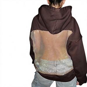เสื้อฮู้ดโอเวอร์ไซส์ประดับคริสตัลที่แผงหลังแบบตาข่าย  แบบยูนิเซ็กส์  สำหรับฤดูใบไม้ร่วง  ถักนิตติ้ง  ทรงปกติ  สีพื้น - Product Image 1