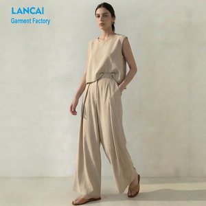 Fabricante de Ropa Verificado, Conjuntos Personalizados con Top Sencillo y Pantalones Anchos de Lino para Mujer, Conjunto de 2 Piezas - Product Image 2