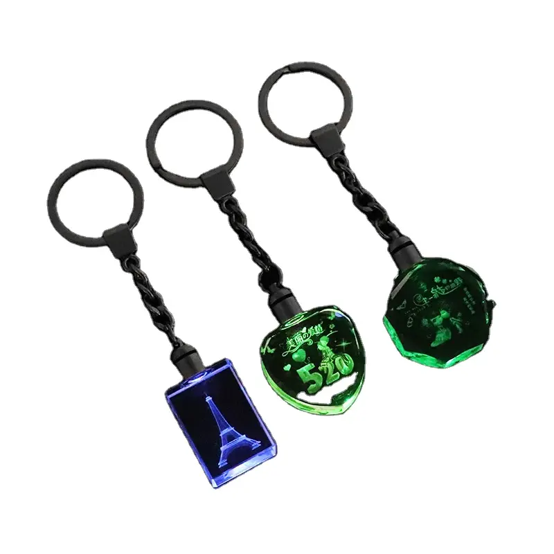 Fashionable 3D laser engraving LED light crystal glass keychain