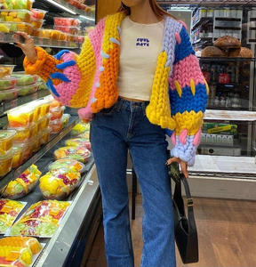 Color Block <strong>Rainbow</strong> Knitted Cardigan <strong>Top</strong> Coat Women's Autumn and Winter Hand Knitting Thick Crochet Sweater - Product Image 3