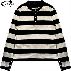 Custom Button up Thick Cotton Boxy Fit Dirty Striped <strong>Henley</strong> Vintage Acid Wash <strong>T</strong>-<strong>shirt</strong> Thermal Long Sleeve <strong>t</strong> <strong>Shirt</strong> for <strong>Men</strong> - Product Image 1
