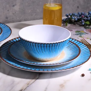 Assiette ronde ondulée bleue de Style Court, 12 pièces, bol, plats, assiettes, service de vaisselle en mélamine, vente en gros