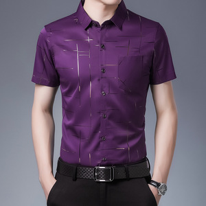 Nuova camicia estiva a maniche corte da uomo camicia da uomo di mezza età in seta di ghiaccio Non stirante con bavero a quadri abbigliamento estivo Casual stile sottile - Product Image 2