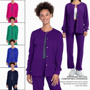 HZMNOI Women's Scrub Suit Polyester Spandex Long Sleeve Two Piece Set Breathable Solid Color Lab Workwear - Product Image 2