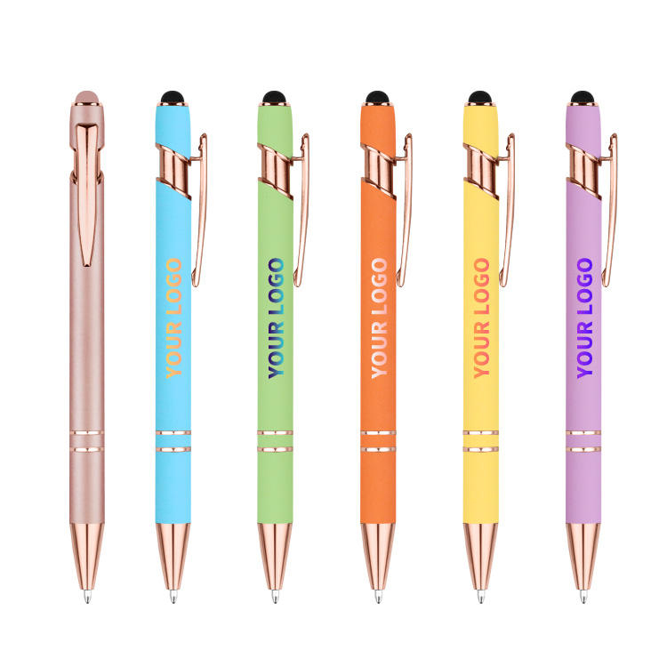 Hot Sale Custom logo Rose Gold Trim Soft Touch Rubber Metal Stylus Pen 2in1 Aluminium Ballpoint Pen Wholesale