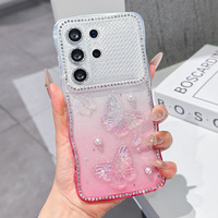 Étui de téléphone exquis super scintillant avec dégradé de couleurs, perles et papillons, bord ondulé, protection anti-chute pour iPhone et Samsung