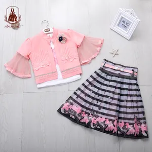 Gratis Sample Half Mouw Roze Effen Bloem Jas Bloem Gedrukt Jurk Meisjes Kleding Jurk Set