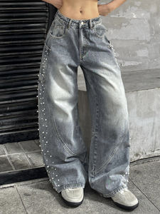 Jeans à jambes larges et droites pour femmes, ornés de diamants, pantalons de style streetwear pour femmes, vente en gros à bas prix - Product Image 3
