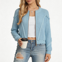 Cardigan court zippé en maille pour femme, col montant, motif torsadé 3D, épaules tombantes, manches longues côtelées, coupe ample, décontracté