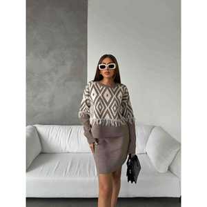 Kazakh <b>Sweater</b> <b>Skirt</b> Set Women's S Grey Geometric Pattern Fringe Detail Fashion Outfit - Product Image 2