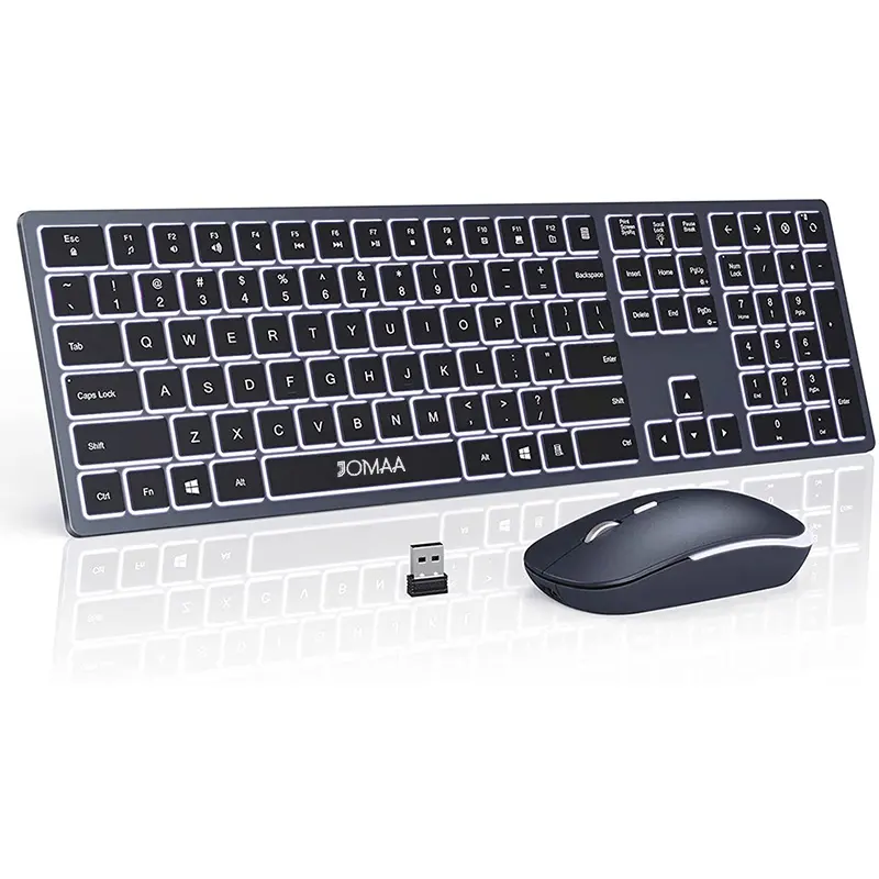 Беспроводная клавиатура и мышь с подсветкой, 2,4 ГГц, USB-порт, бесшумная клавиатура и мышь, перезаряжаемая полноразмерная тонкая клавиатура и мышь, набор