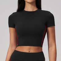 T-shirt de yoga court pour femme, manches courtes, col rond, bande latérale contrastante, brossé, séchage rapide, été, Pilates, gym, entraînement, vêtements de sport