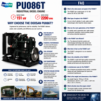 Moteur diesel Hyundai Doosan série PU, modèle PU086T, 151 kW, 205 ch, 2200 tr/min, turbo, pour pompe à incendie, générateur, pompe à eau
