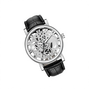 Reloj de cuarzo esquelético para hombre, correa de cuero, reloj de pulsera redondo, estilo de vestir para negocios - Product Image 3