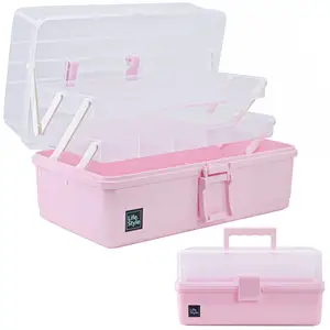 NISEVEN Custom 3 Layers Small Parts Storage Box Multifunction Plastic Tool Box with Handle Pink Art Craft Organizer Storage Box