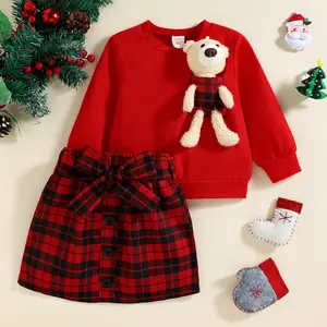 Рождественский красный детский пуловер для девочек, комплект одежды, летние рубашки с рукавами-летучими буквами и клетчатые платья, комплект одежды