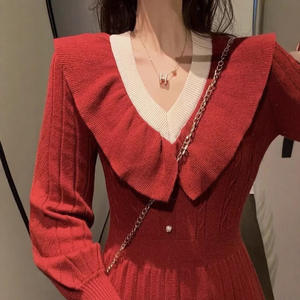 Abito rosso lavorato a maglia di media lunghezza da <span class=keywords><strong>donna</strong></span> <span class=keywords><strong>per</strong></span> <span class=keywords><strong>Capodanno</strong></span>, riunioni annuali, fidanzamenti e occasioni speciali - Collezione Autunno/Inverno - Product Image 3