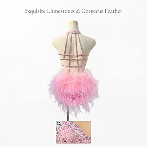 Pink Rhinestone <b>Feather</b> Halter Ballet Dance Costume Strappy Back Competition Costume for Jazz Contemporary Lyrical Stage Show - Product Image 2