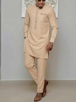 Setelan Pria Afrika Tradisional Klasik Dua Potong Bahan Poliester Lengan Panjang Kerah Bulat Model Fashion Solid Splicing Kemeja Celana Pakaian Kasual