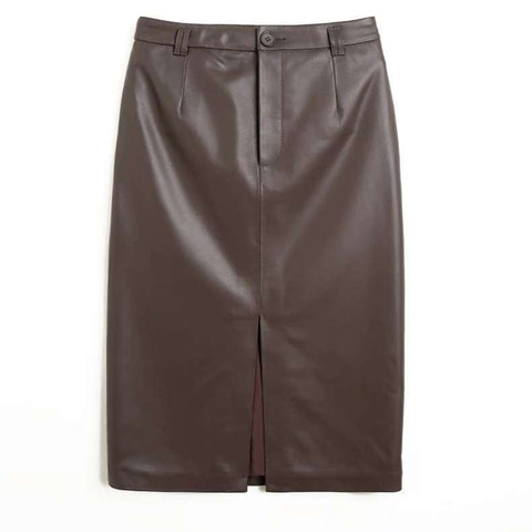 5319 Fashion Ladies Clothes Front Slit Wrap Midi Leather Skirt Elastic Soft Genuine Sheepskin Leather Skirt for Women