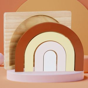 Juguete de madera natural para bebés, arco de madera creativo, bloques de rompecabezas apilables de arcoíris, seguros para niños - Product Image 4
