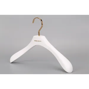 Luxury Custom Gold Printing LOGO White Color Wooden Pants Hanger With Gold Clips For Trousers And Gold Hook