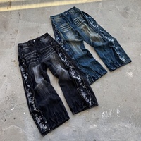 Jeans en denim pour hommes de haute qualité, lourds, noirs et bleus, coupe ample, taille plus, personnalisés, lavés à la main, empilés, baggy, à fermeture éclair, à motifs floraux