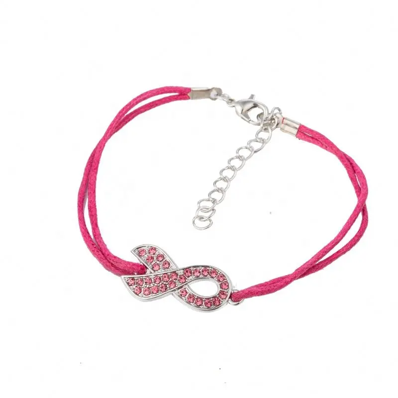 Snelle Verzending Roze Kristal Lint Armband Borstkanker Bewustzijn Lint Touw Ketting Armband Sieraden